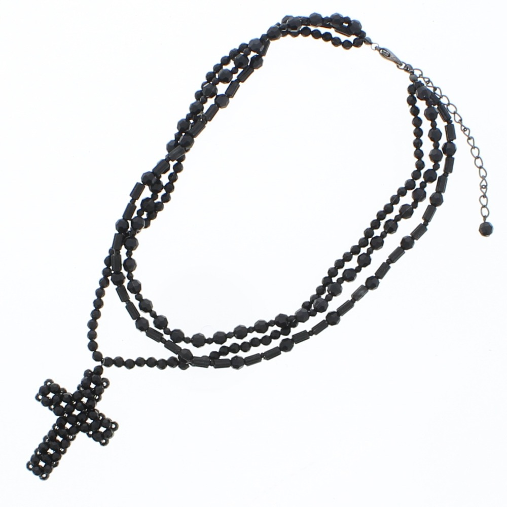 Zac's Alter Ego - Black Faceted 3 Layer Bead Rosary Cross Necklace Ketting - Zilverkleurig